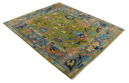 Custom Made Green, Gray and Peach Colorful Hand knotted Traditional Oushak wool Area Rug.