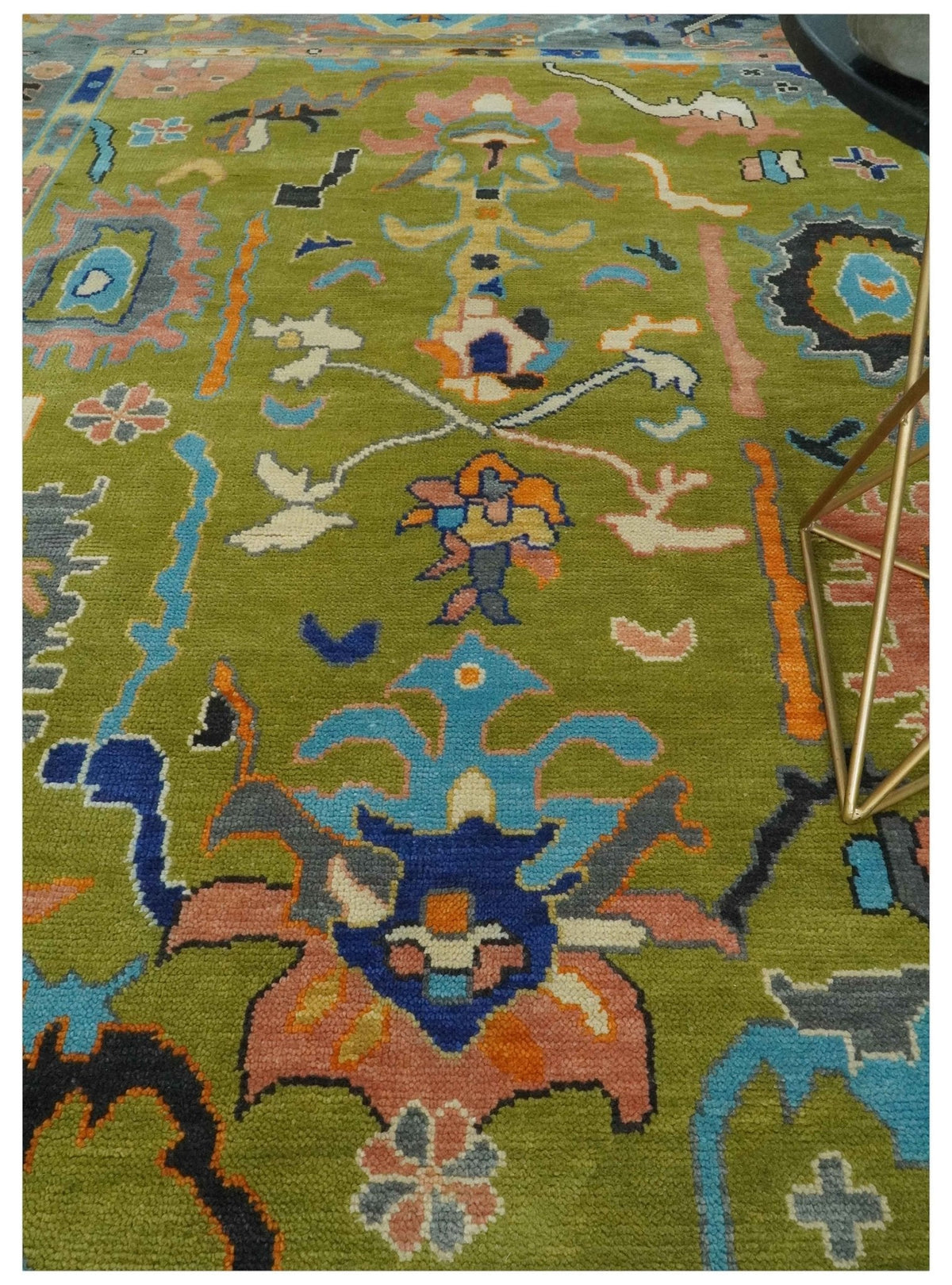 Custom Made Green, Gray and Peach Colorful Hand knotted Traditional Oushak wool Area Rug.