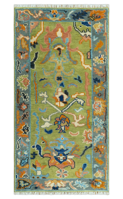 Custom Made Green, Gray and Peach Colorful Hand knotted Traditional Oushak wool Area Rug.