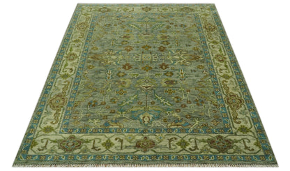 Custom Made Green Hand Knotted Antique Design Traditional Oushak wool area rug.