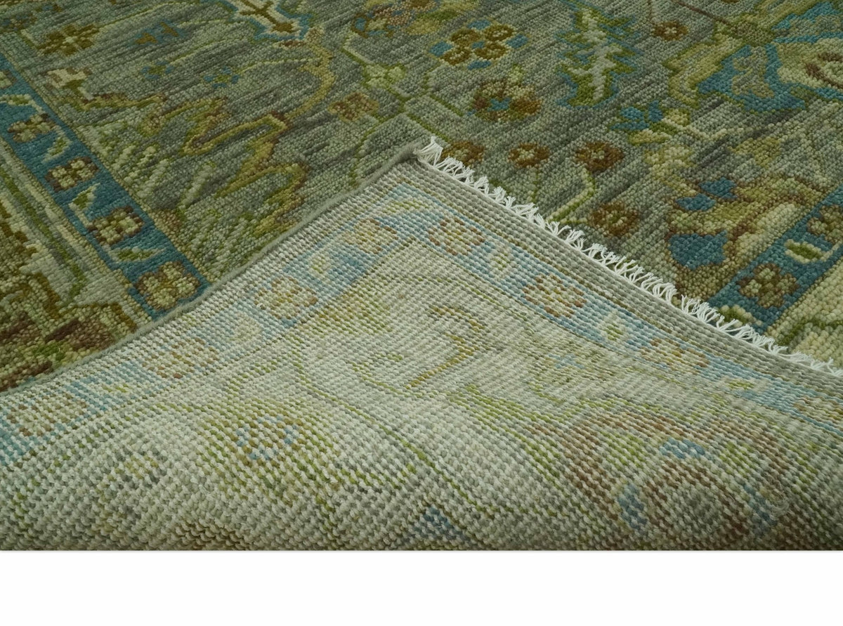 Custom Made Green Hand Knotted Antique Design Traditional Oushak wool area rug.