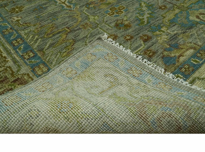 Custom Made Green Hand Knotted Antique Design Traditional Oushak wool area rug.