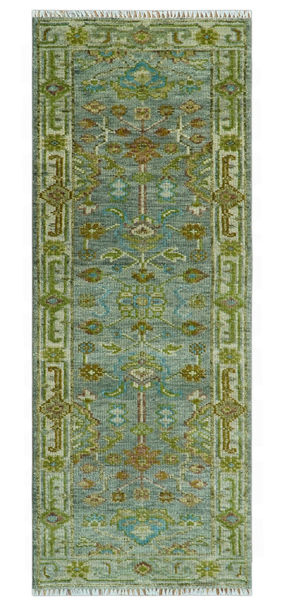 Custom Made Green Hand Knotted Antique Design Traditional Oushak wool area rug.
