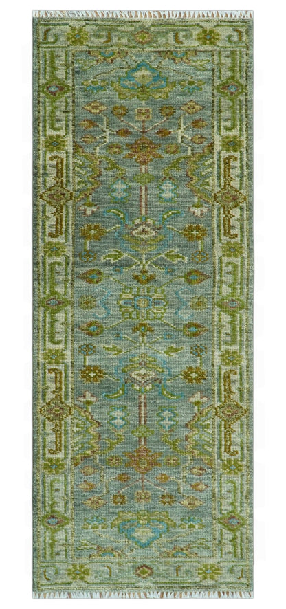 Custom Made Green Hand Knotted Antique Design Traditional Oushak wool area rug.