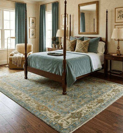 Custom Made Green Hand Knotted Antique Design Traditional Oushak wool area rug.