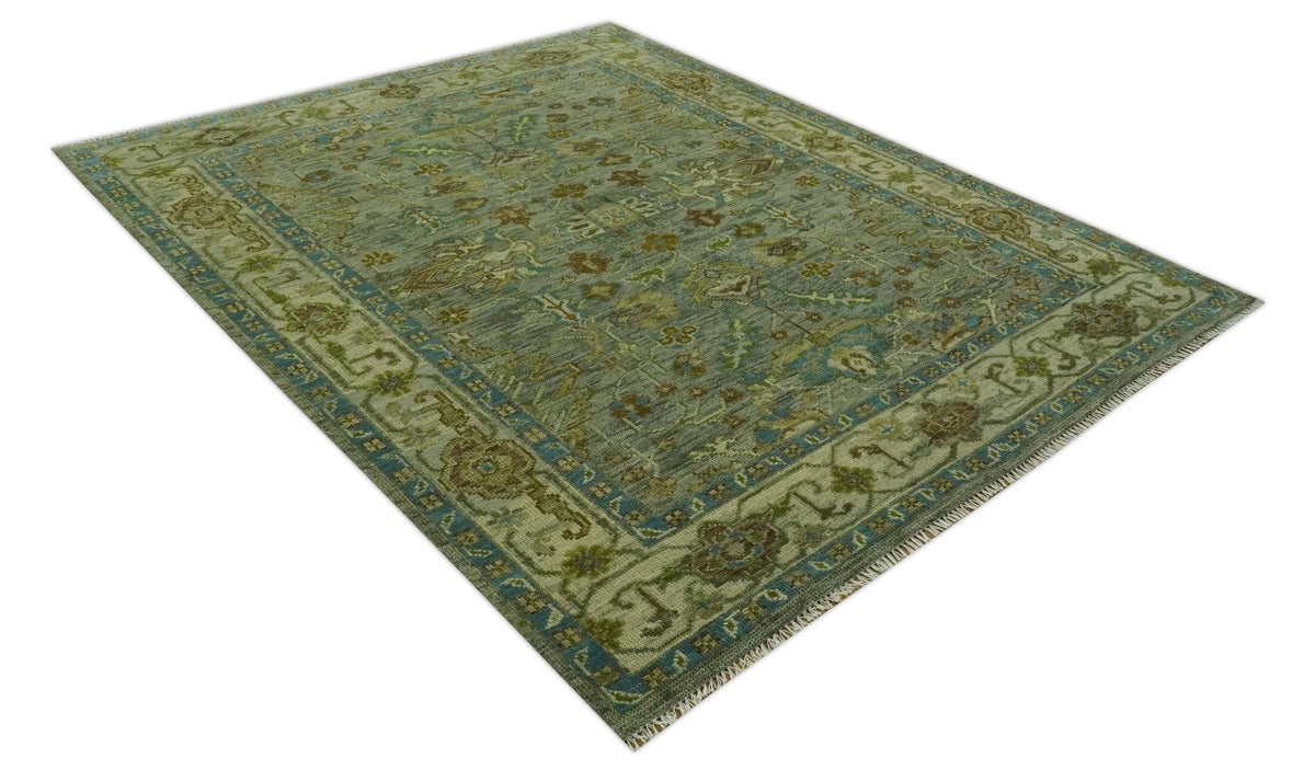 Custom Made Green Hand Knotted Antique Design Traditional Oushak wool area rug.