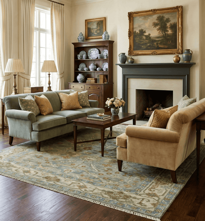 Custom Made Green Hand Knotted Antique Design Traditional Oushak wool area rug.
