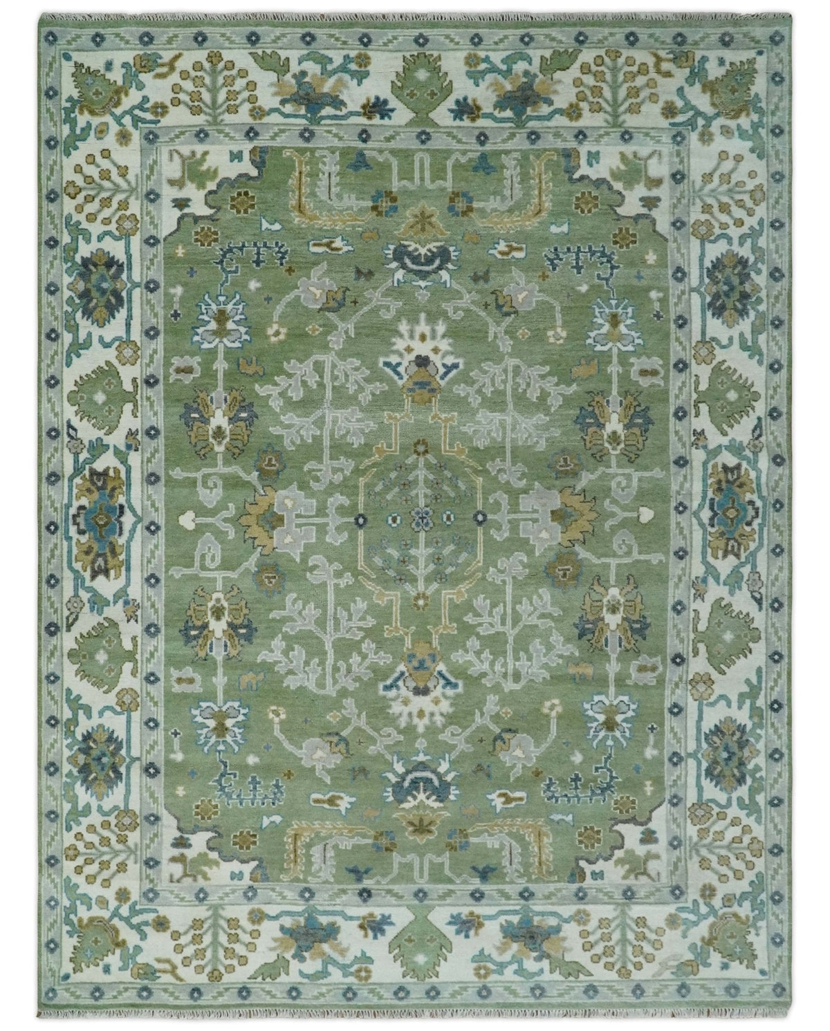Custom Made Green, Ivory and Silver Traditional Turkish Hand Knotted Wool Rug.