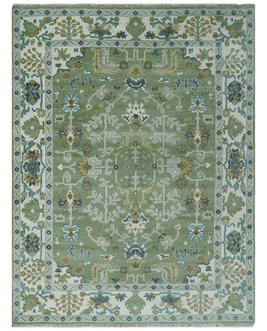 Custom Made Green, Ivory and Silver Traditional Turkish Hand Knotted Wool Rug.