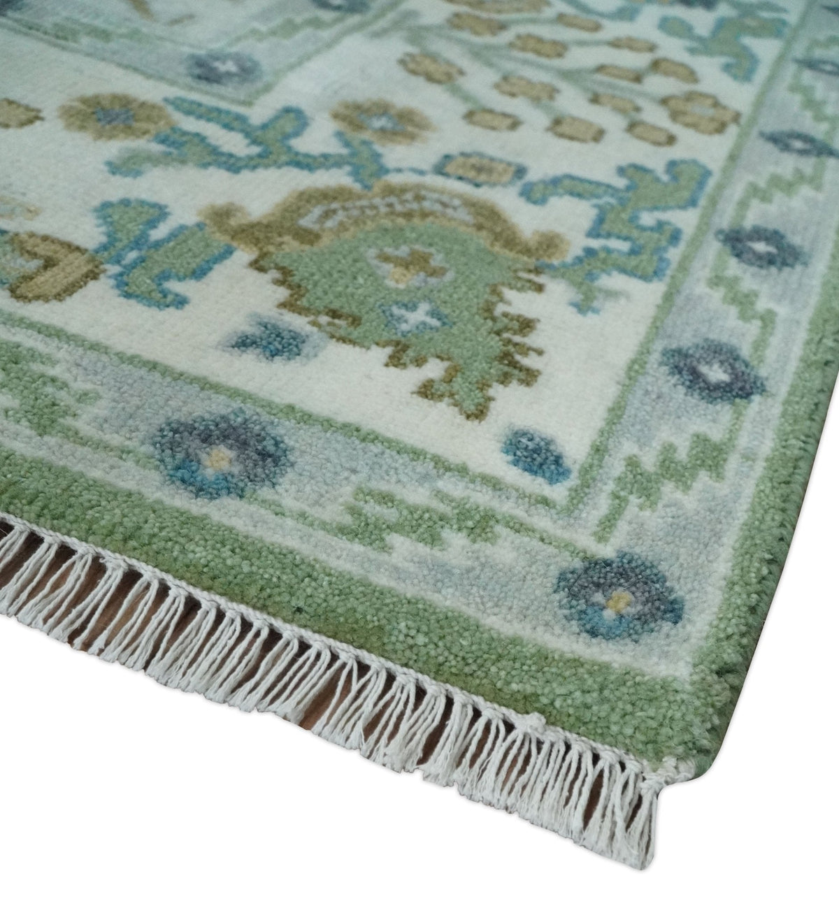 Custom Made Green, Ivory and Silver Traditional Turkish Hand Knotted Wool Rug.