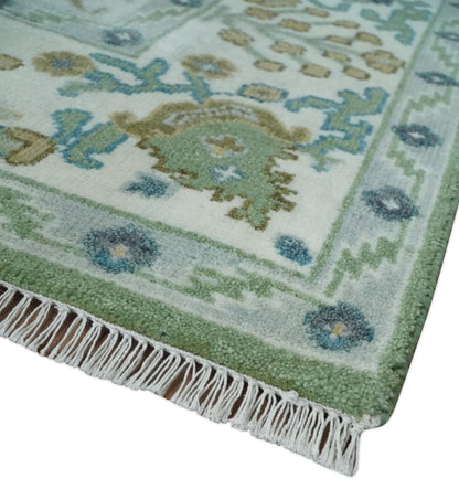 Custom Made Green, Ivory and Silver Traditional Turkish Hand Knotted Wool Rug.