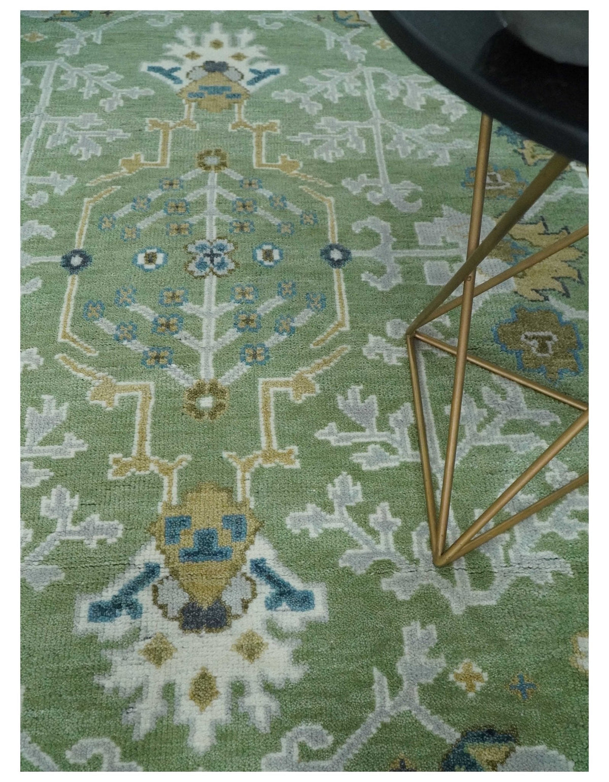 Custom Made Green, Ivory and Silver Traditional Turkish Hand Knotted Wool Rug.