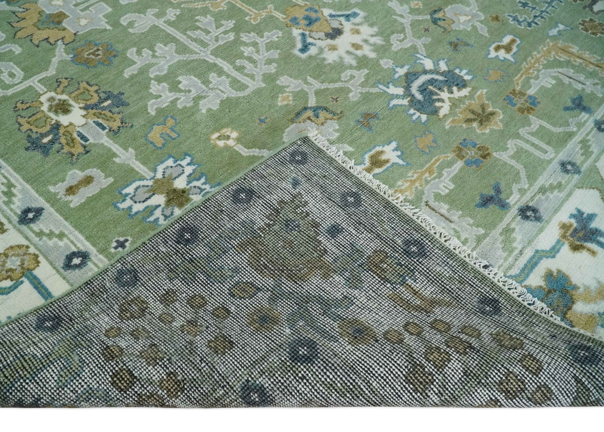 Custom Made Green, Ivory and Silver Traditional Turkish Hand Knotted Wool Rug.