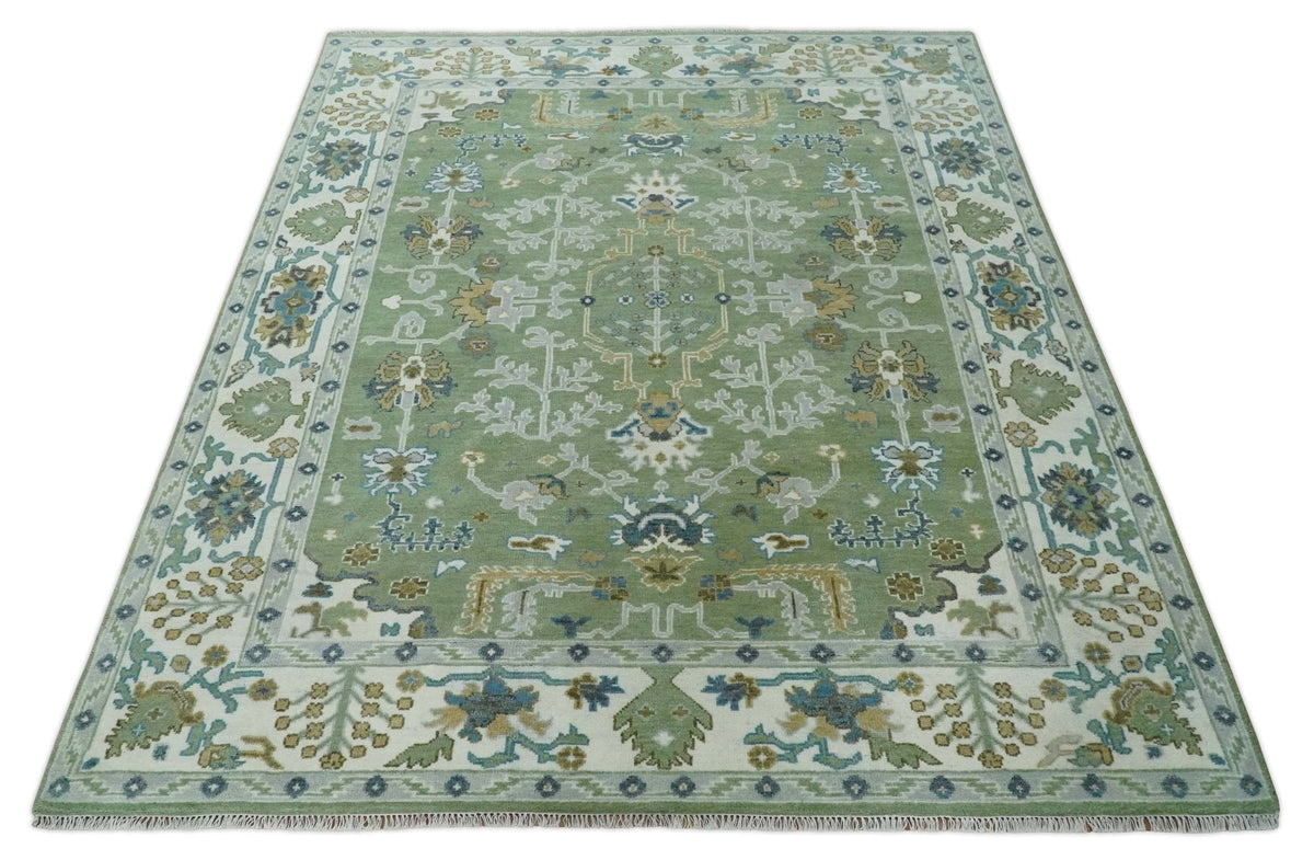 Custom Made Green, Ivory and Silver Traditional Turkish Hand Knotted Wool Rug.