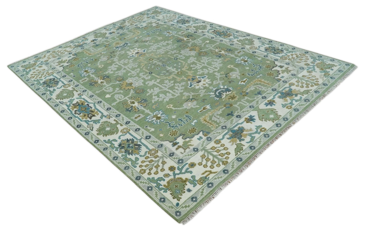 Custom Made Green, Ivory and Silver Traditional Turkish Hand Knotted Wool Rug.