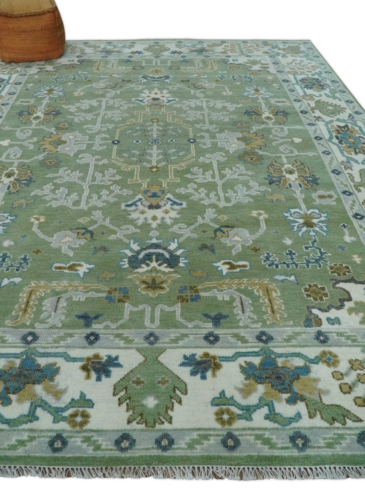 Custom Made Green, Ivory and Silver Traditional Turkish Hand Knotted Wool Rug.