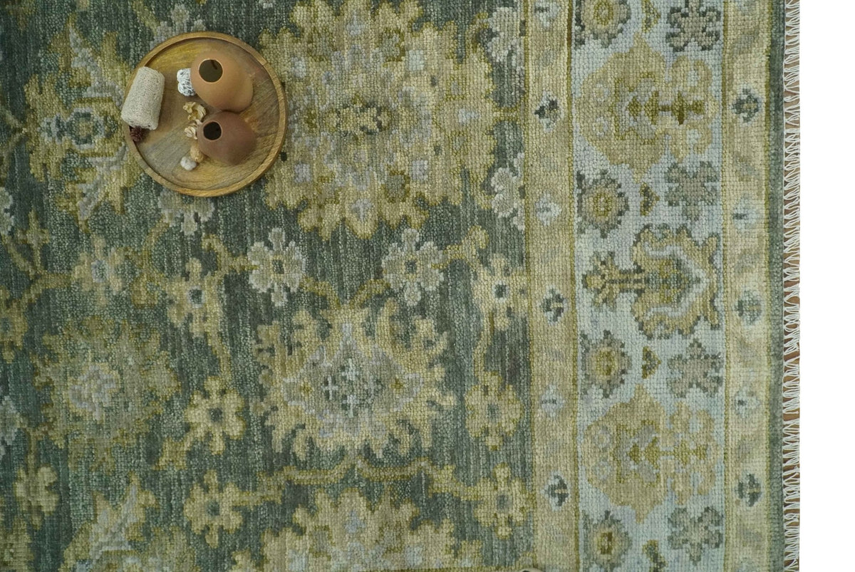 Custom Made Gray, Silver and Olive Hand knotted Traditional Oushak Wool Area Rug.
