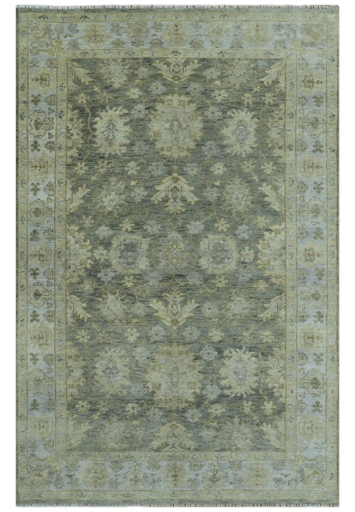 Custom Made Gray, Silver and Olive Hand knotted Traditional Oushak Wool Area Rug.