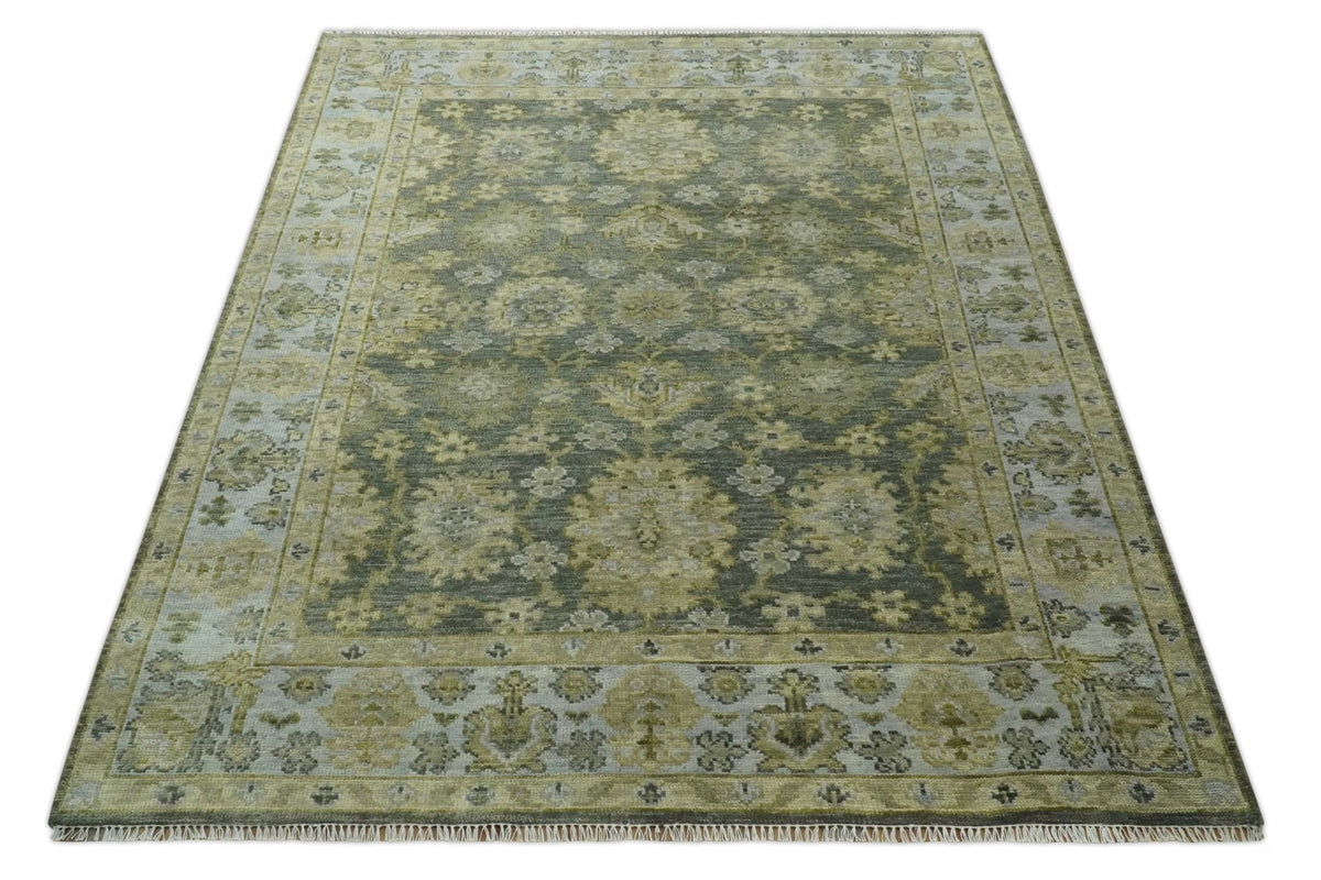 Custom Made Gray, Silver and Olive Hand knotted Traditional Oushak Wool Area Rug.