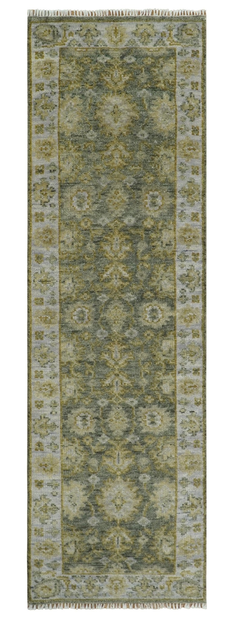 Custom Made Gray, Silver and Olive Hand knotted Traditional Oushak Wool Area Rug.
