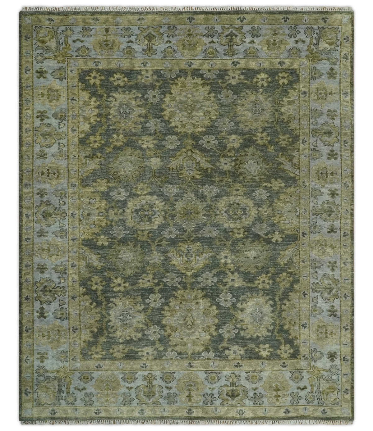 Custom Made Gray, Silver and Olive Hand knotted Traditional Oushak Wool Area Rug.