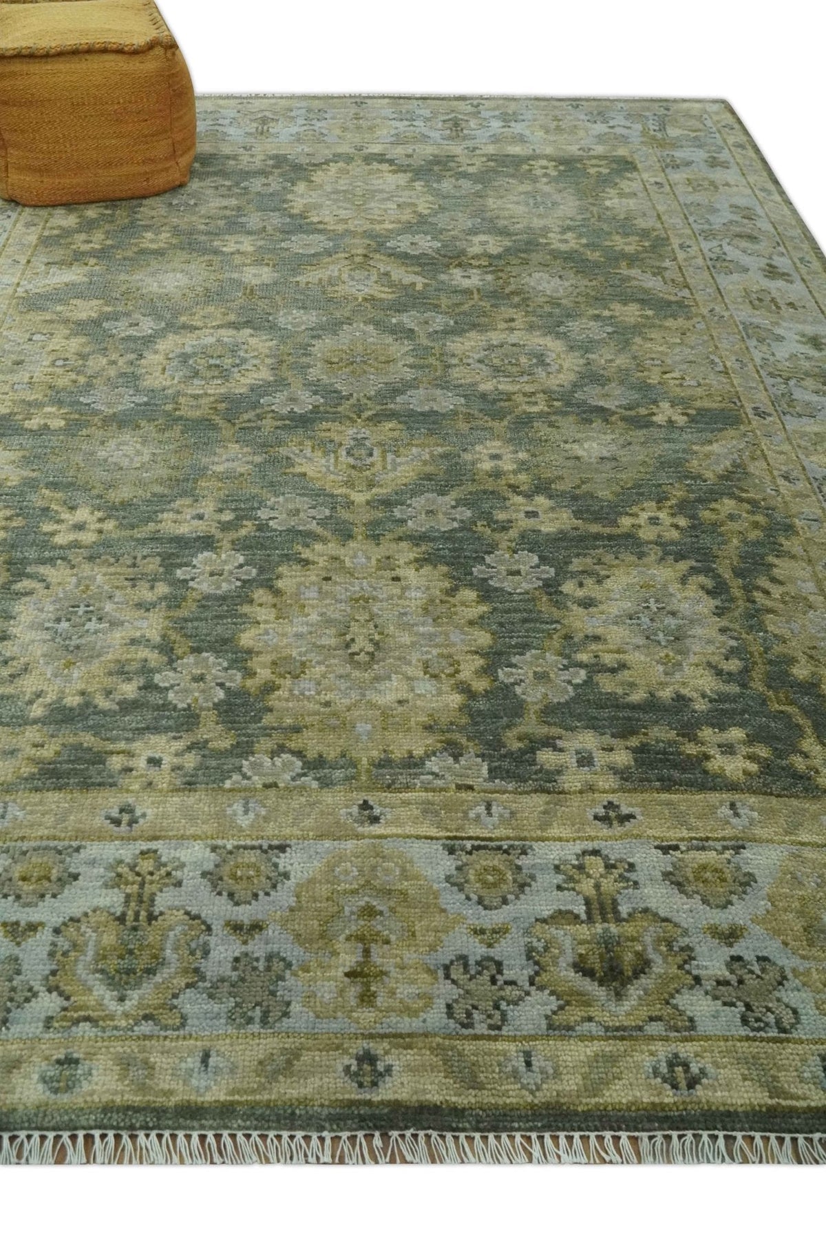 Custom Made Gray, Silver and Olive Hand knotted Traditional Oushak Wool Area Rug.