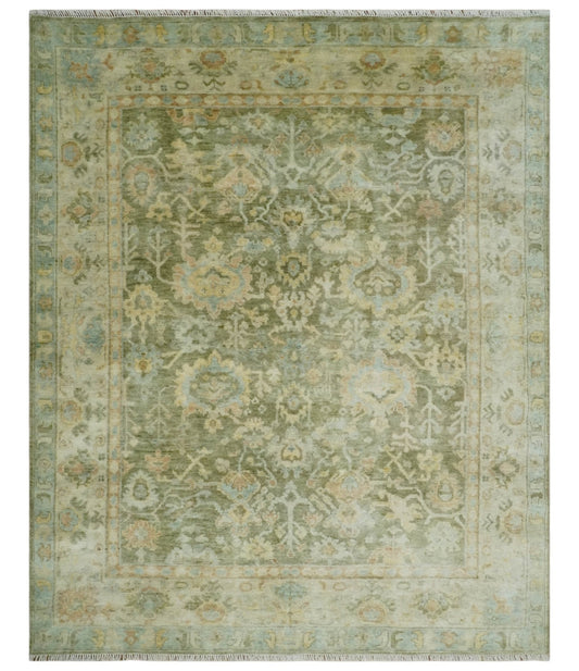 Custom Made Hand Knotted Antique Finish Green, Aqua and Beige Traditional Wool Rug.