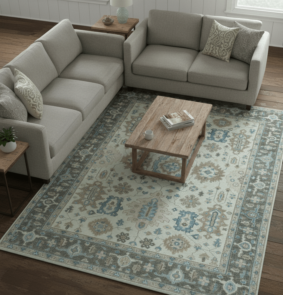 Custom Made Hand Knotted Beige and Blue Traditional Turkish Wool Area Rug.