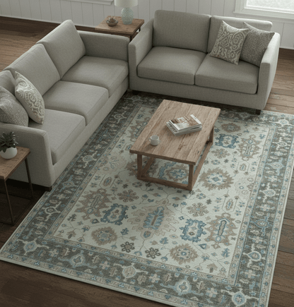 Custom Made Hand Knotted Beige and Blue Traditional Turkish Wool Area Rug.