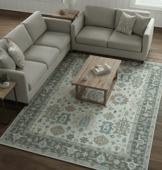 Custom Made Hand Knotted Beige and Blue Traditional Turkish Wool Area Rug.