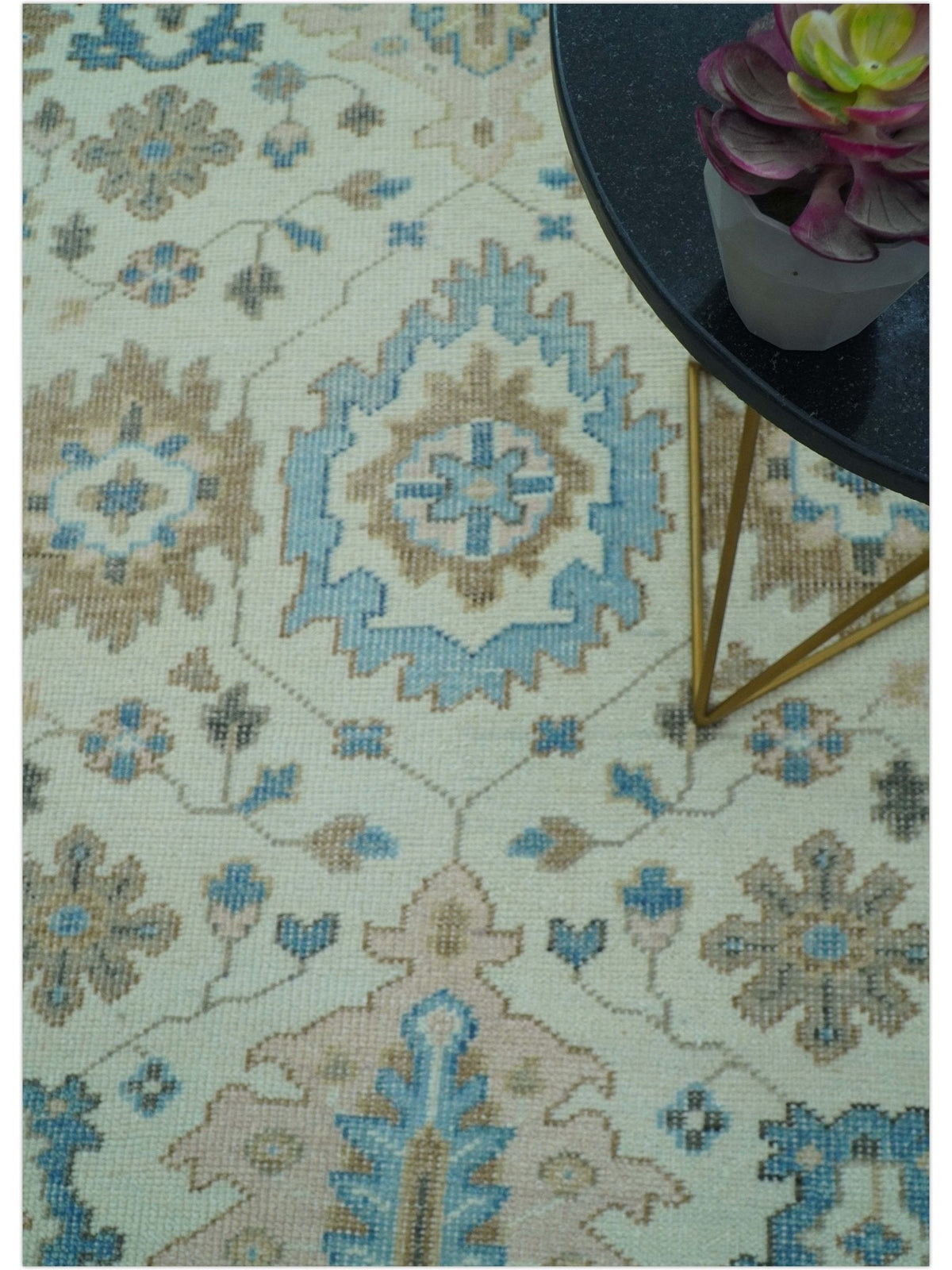 Custom Made Hand Knotted Beige and Blue Traditional Turkish Wool Area Rug.