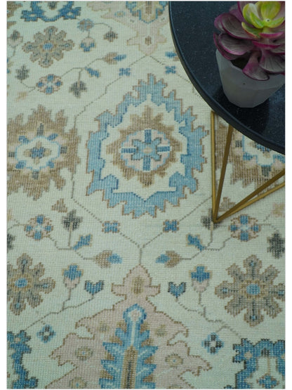Custom Made Hand Knotted Beige and Blue Traditional Turkish Wool Area Rug.