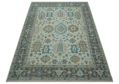 Custom Made Hand Knotted Beige and Blue Traditional Turkish Wool Area Rug.