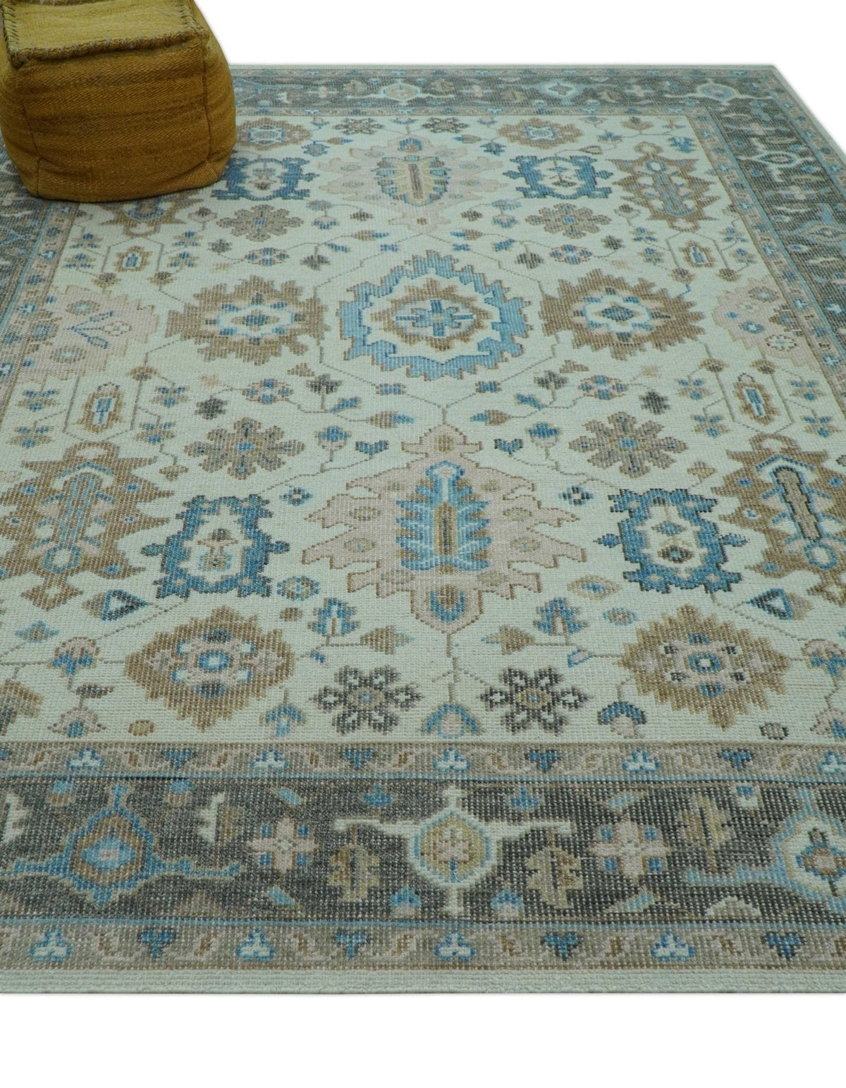Custom Made Hand Knotted Beige and Blue Traditional Turkish Wool Area Rug.