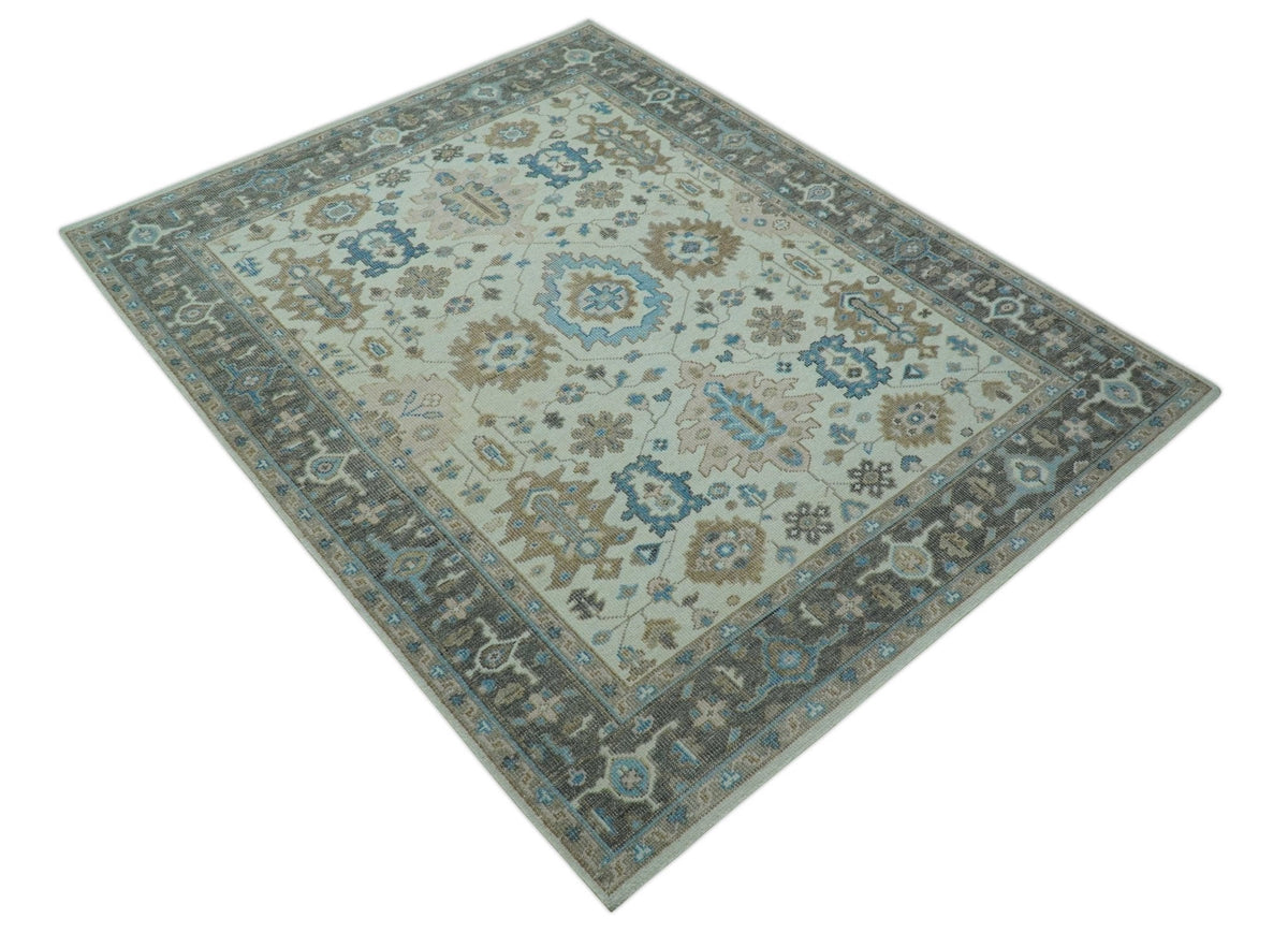 Custom Made Hand Knotted Beige and Blue Traditional Turkish Wool Area Rug.