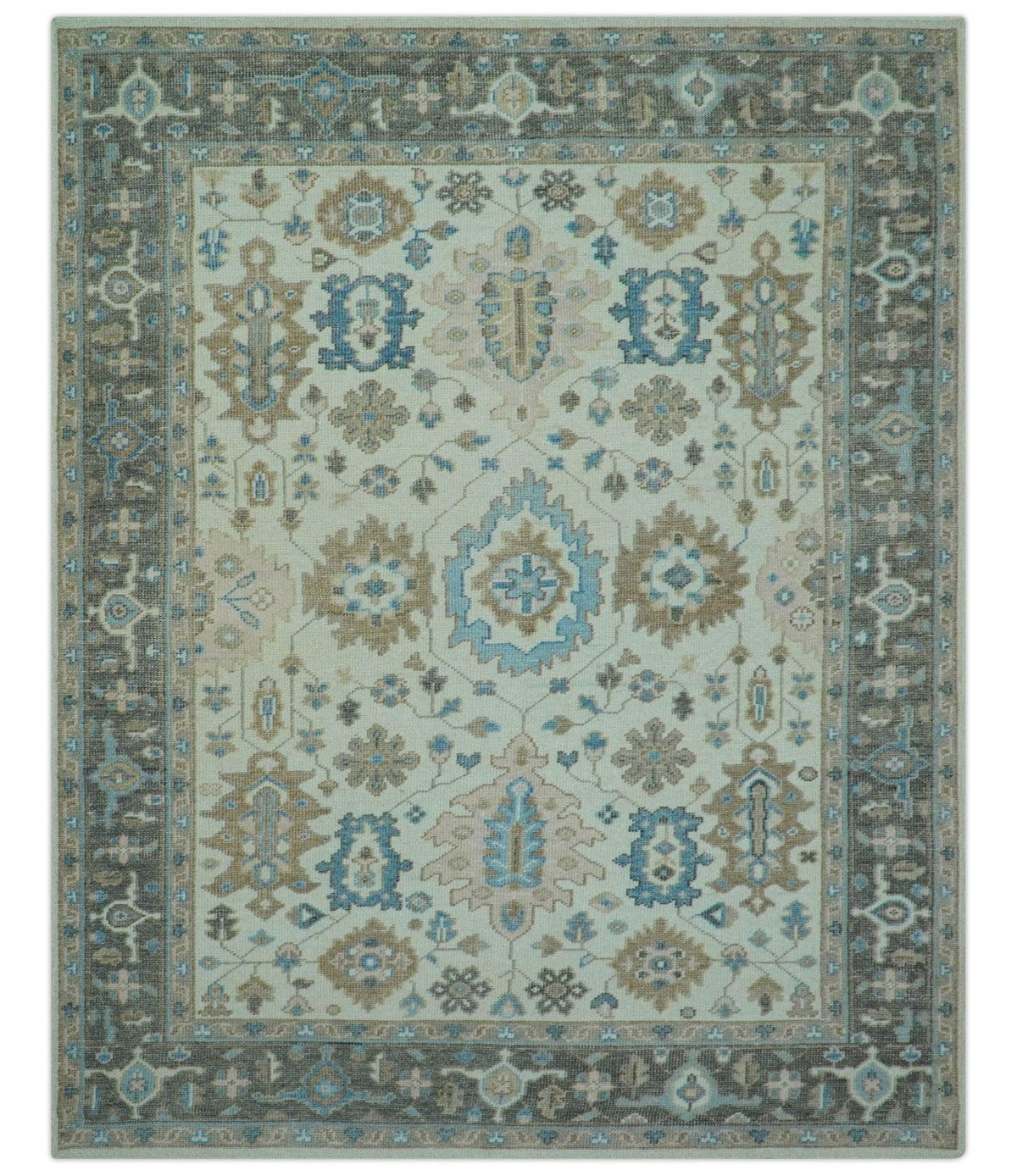 Custom Made Hand Knotted Beige and Blue Traditional Turkish Wool Area Rug.