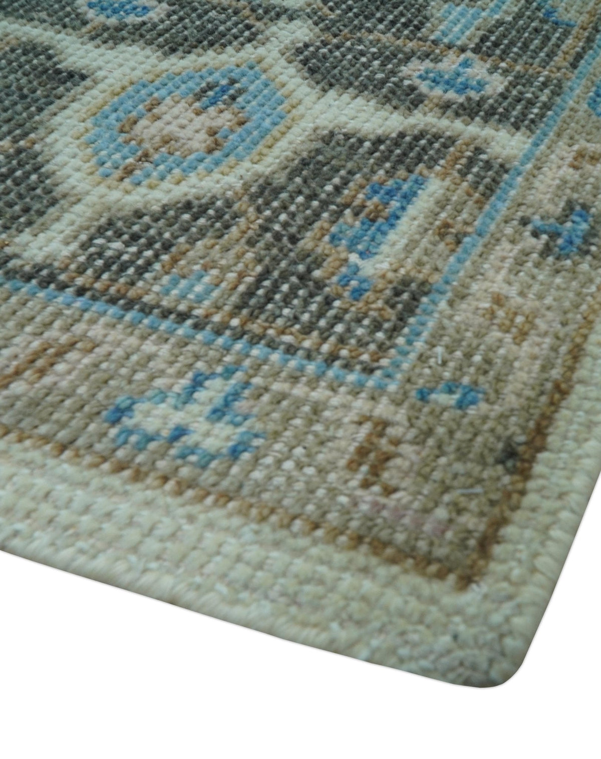 Custom Made Hand Knotted Beige and Blue Traditional Turkish Wool Area Rug.
