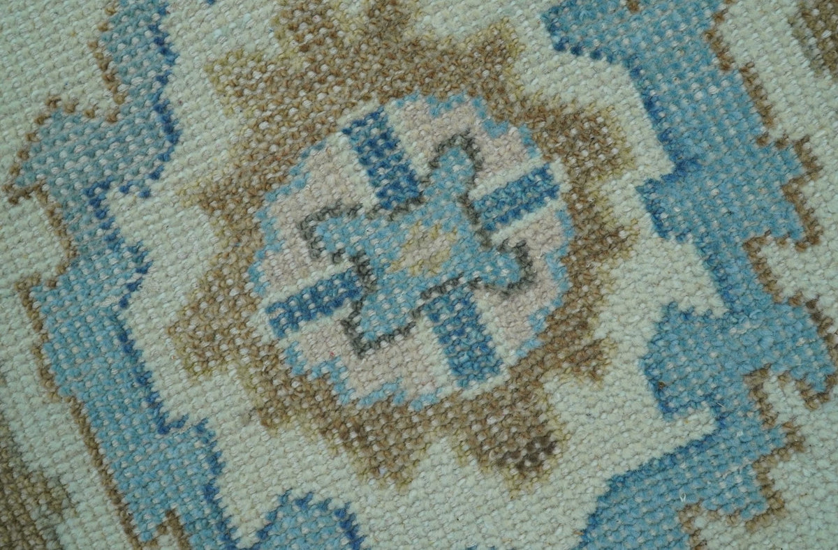 Custom Made Hand Knotted Beige and Blue Traditional Turkish Wool Area Rug.