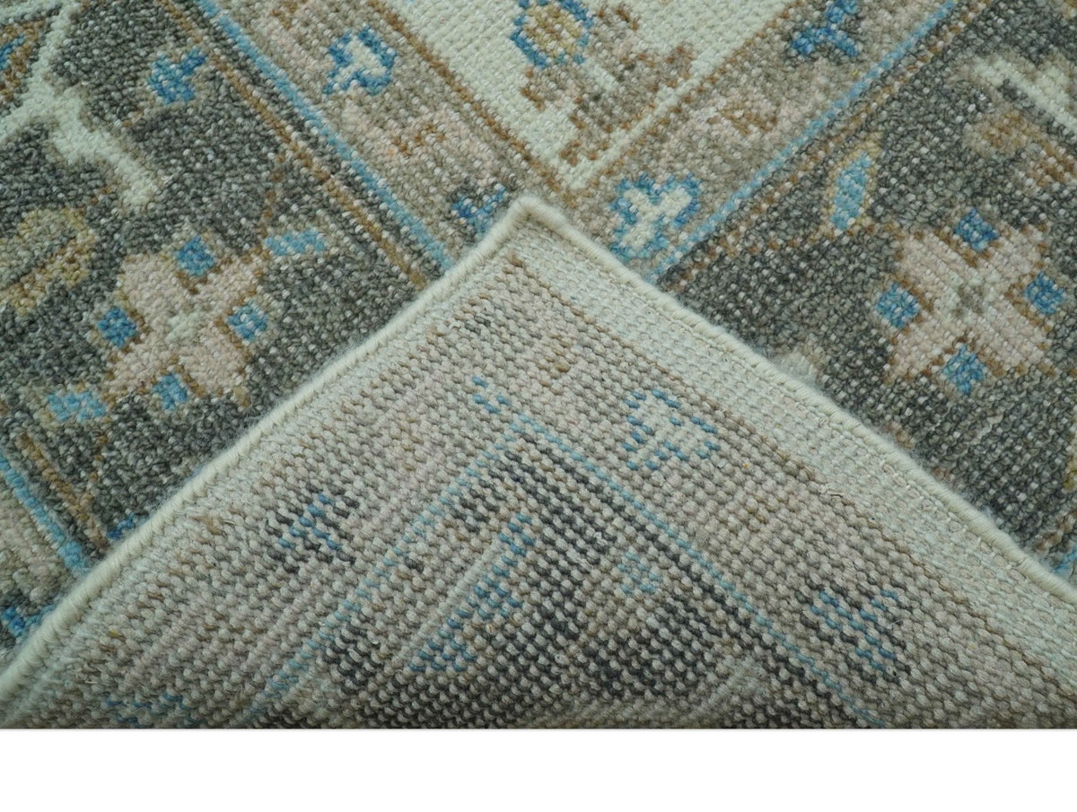 Custom Made Hand Knotted Beige and Blue Traditional Turkish Wool Area Rug.