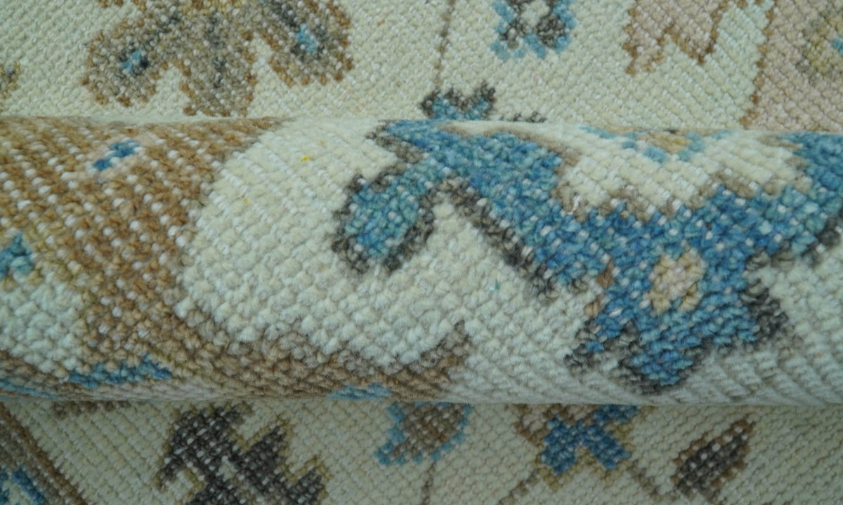 Custom Made Hand Knotted Beige and Blue Traditional Turkish Wool Area Rug.