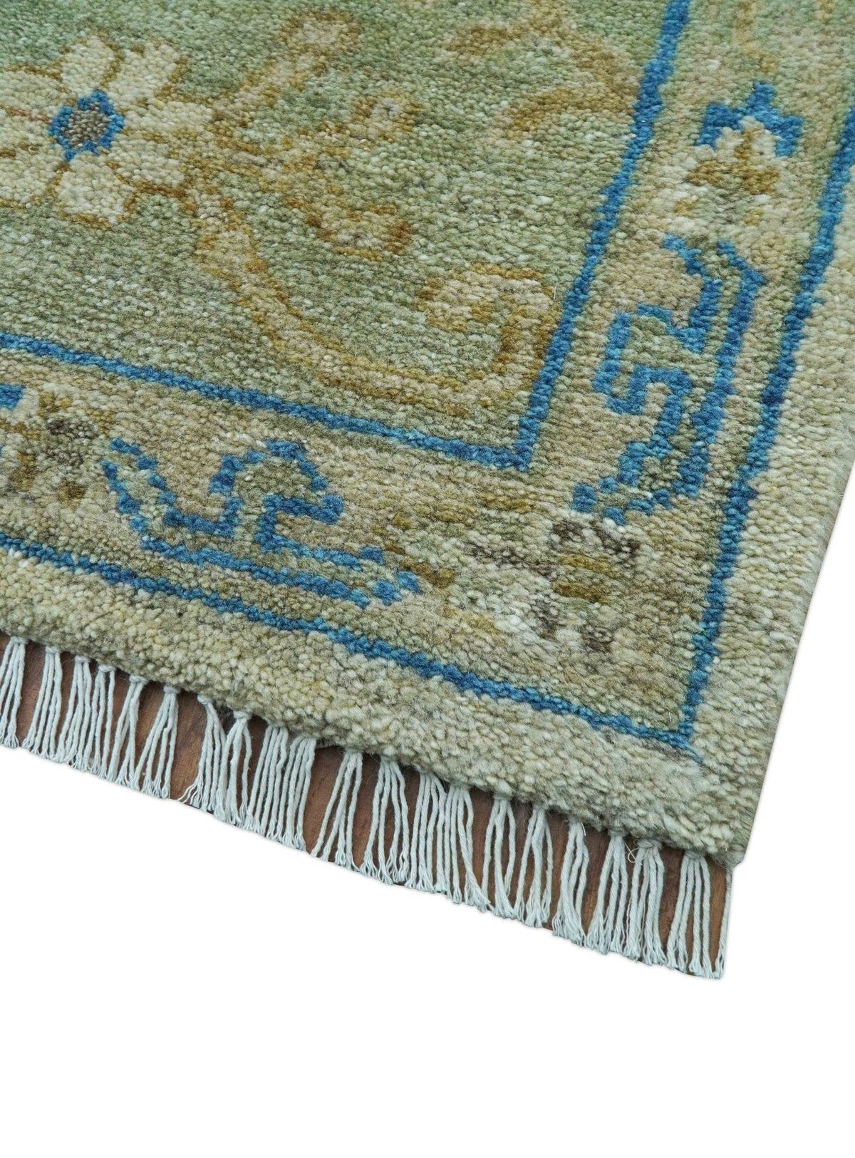 Custom Made Hand Knotted Beige and Blue Traditional Turkish Wool Rug.