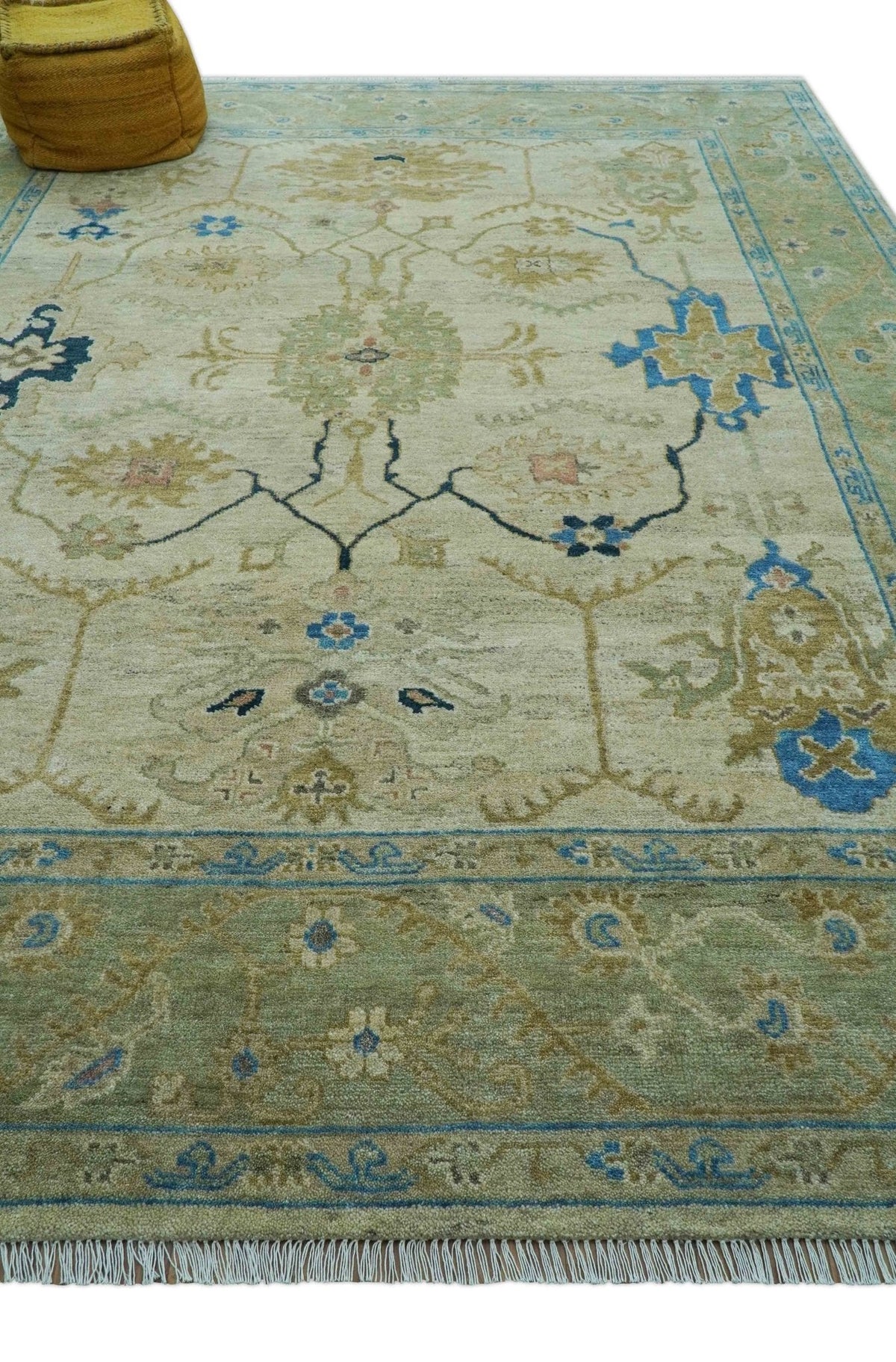 Custom Made Hand Knotted Beige and Blue Traditional Turkish Wool Rug.