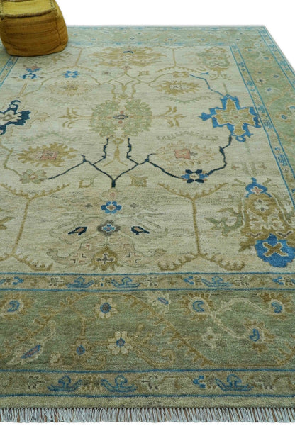 Custom Made Hand Knotted Beige and Blue Traditional Turkish Wool Rug.