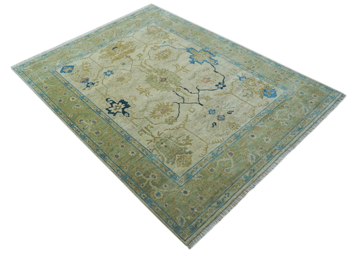 Custom Made Hand Knotted Beige and Blue Traditional Turkish Wool Rug.