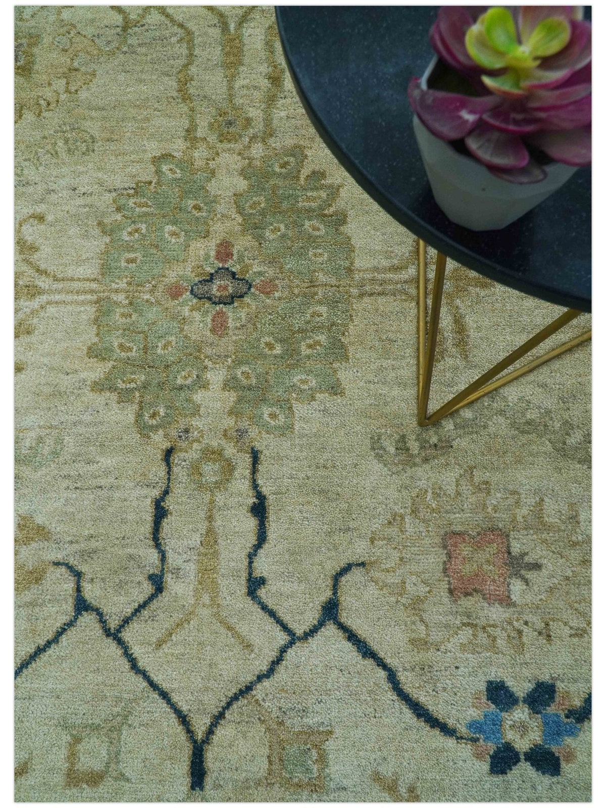 Custom Made Hand Knotted Beige and Blue Traditional Turkish Wool Rug.