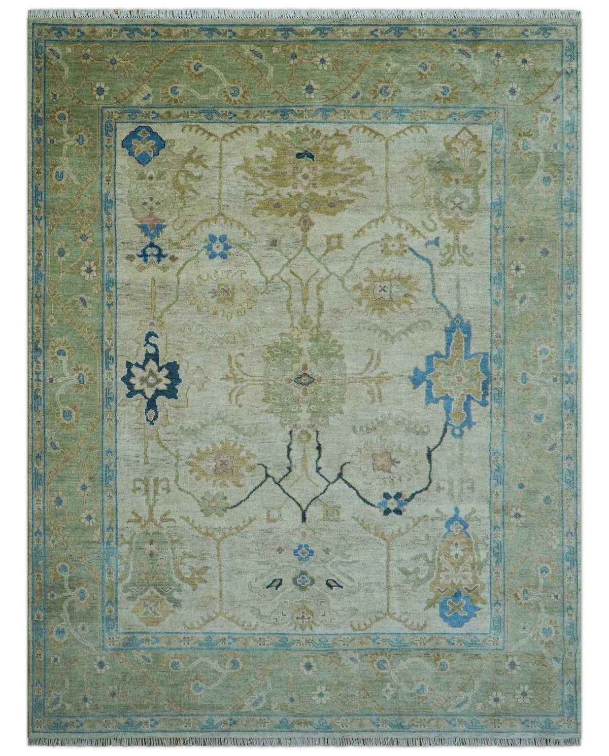 Custom Made Hand Knotted Beige and Blue Traditional Turkish Wool Rug.