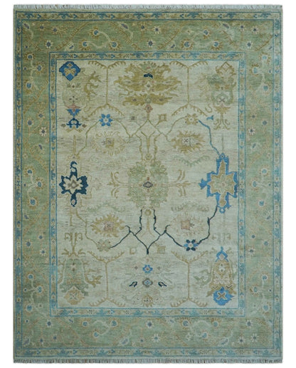 Custom Made Hand Knotted Beige and Blue Traditional Turkish Wool Rug.