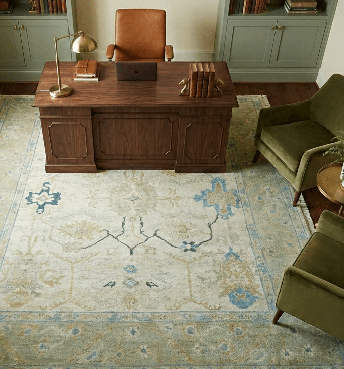 Custom Made Hand Knotted Beige and Blue Traditional Turkish Wool Rug.