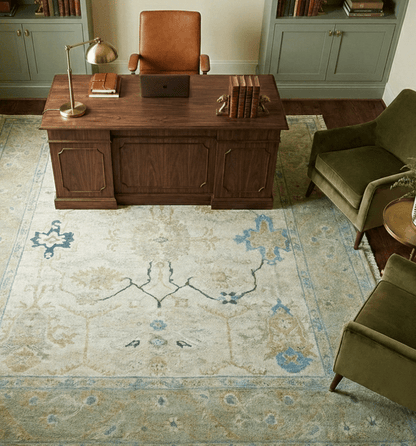 Custom Made Hand Knotted Beige and Blue Traditional Turkish Wool Rug.