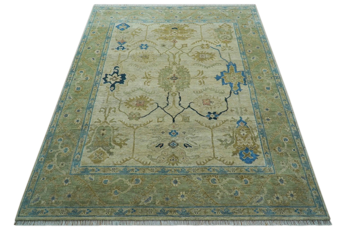 Custom Made Hand Knotted Beige and Blue Traditional Turkish Wool Rug.